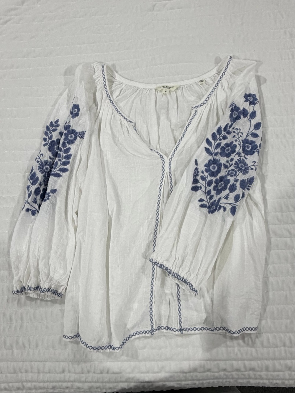 White Peasant Blouse with Blue Floral Embroidery